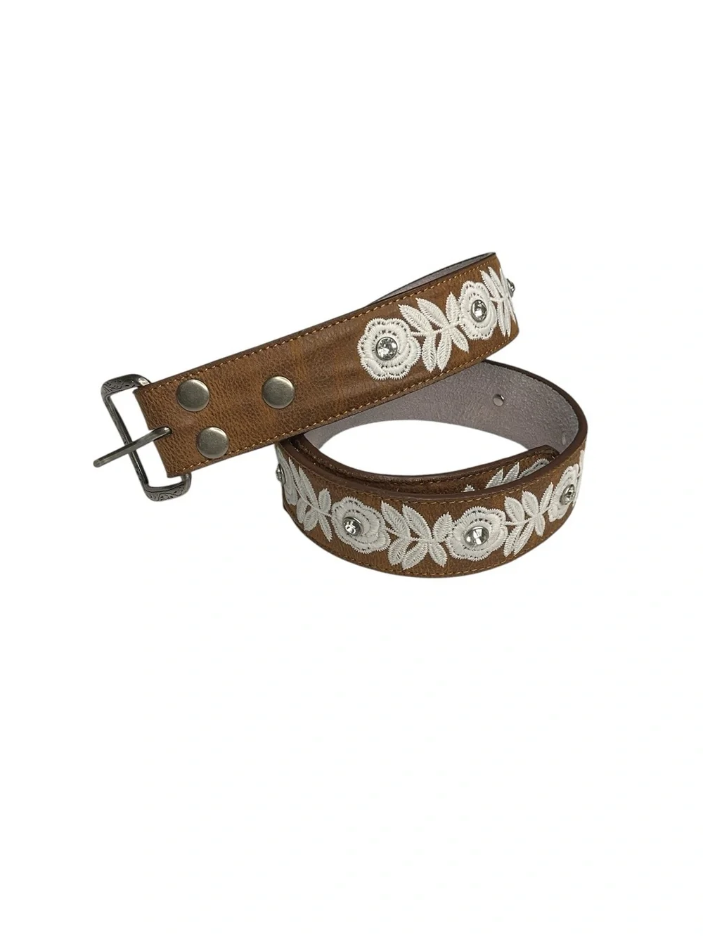 Genuine Leather Floral Embroidered Western Belt Brown White Rhinestone Size SM